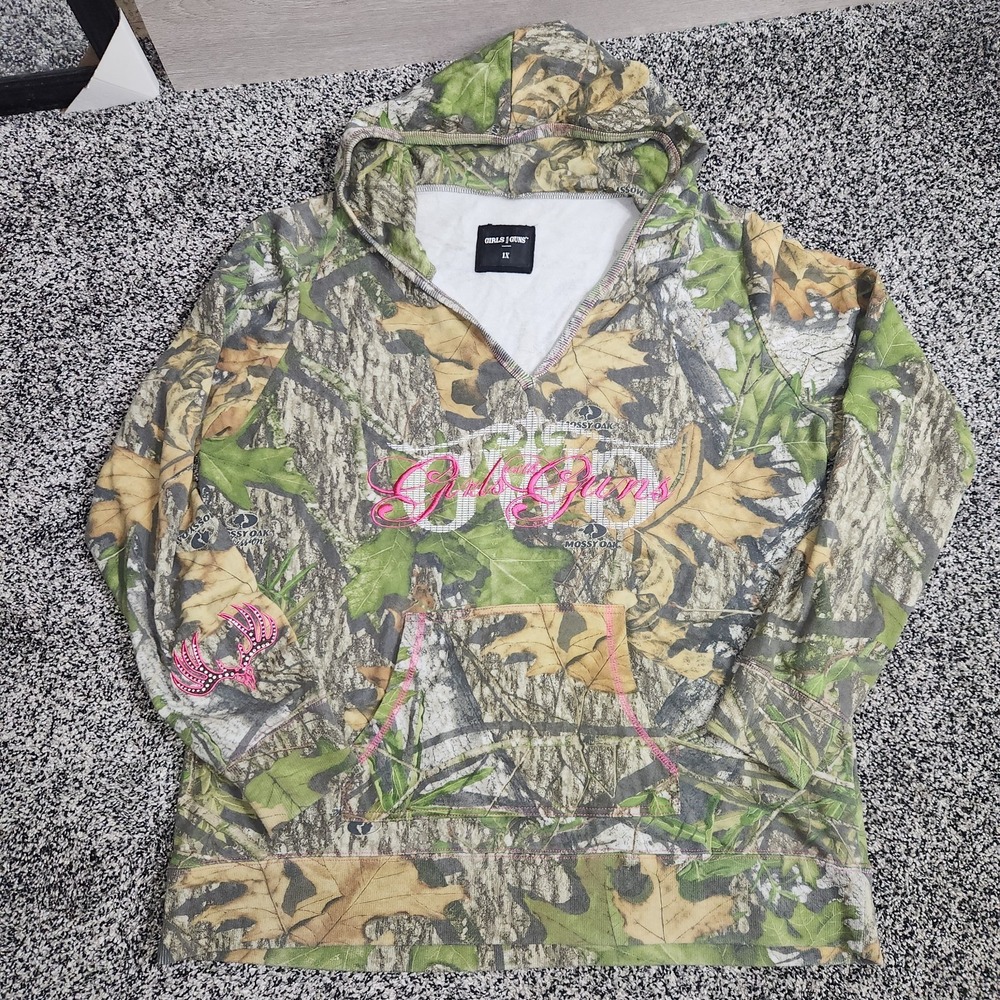 Y2k Vtg Mossy Oak Girls W/Guns Camo Long Sleeve Hooded V Neck County Redneck 1X